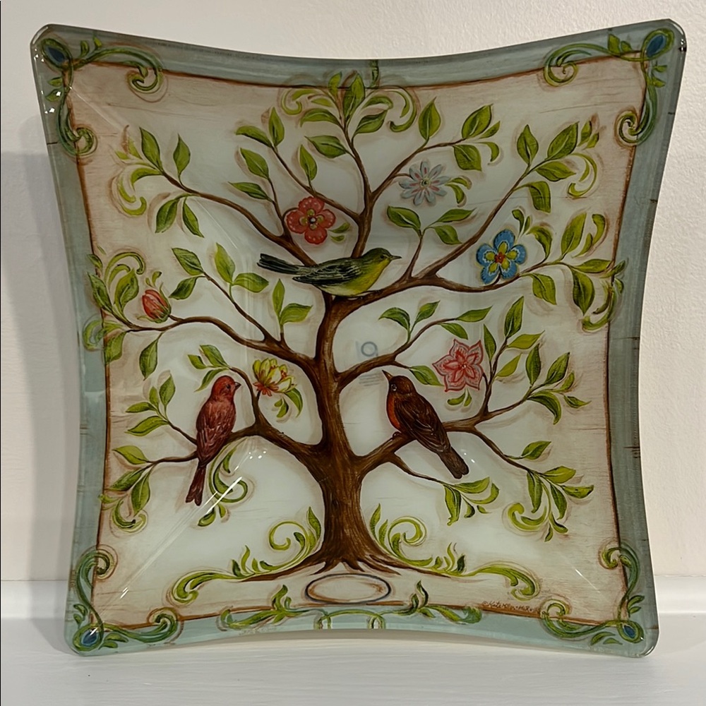 Prima Design 10" Square Glass Birds in a Tree Floral Design Art Bowl